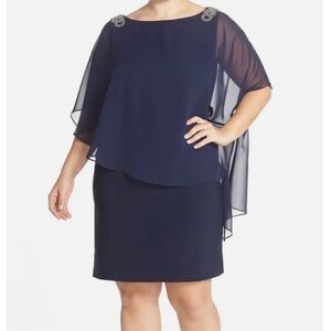 XSCAPE‎ Navy Sheer Capelet Beaded Embellished Shift Cocktail Dress Plus 16W EUC
